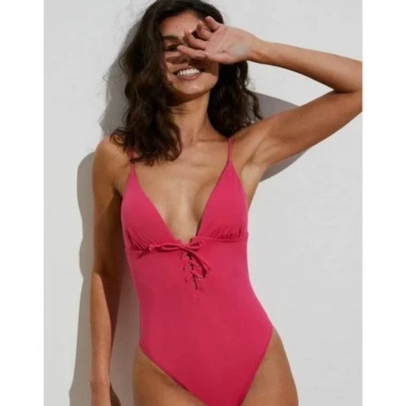L.A. Hearts by Pacsun Hot Pink V-neck Front Tie One Piece Swimsuit - Picture 3 of 7